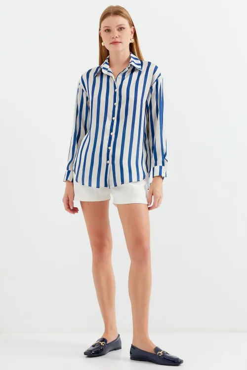 3964 Hafif Dökümlü Saten Gömlek - B.Lacivert