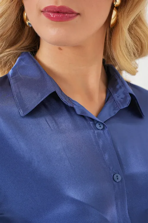 3964 Hafif Dökümlü Saten Gömlek - C.Lacivert