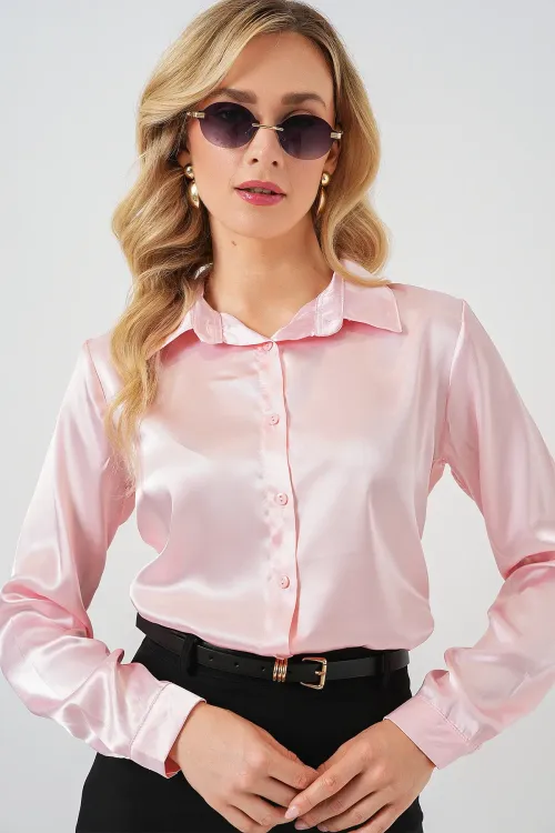 3964 Hafif Dökümlü Saten Gömlek - Pembe