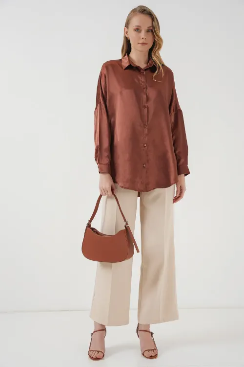 3985 Oversize Saten Gömlek - Taba