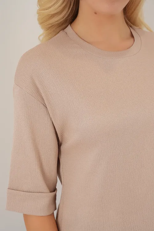 4332 Yanı Yırtmaçlı Örme Tişört - Bisküvi