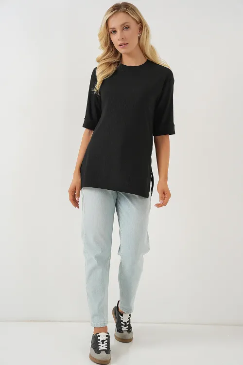 4332 Yanı Yırtmaçlı Örme Tişört - Siyah