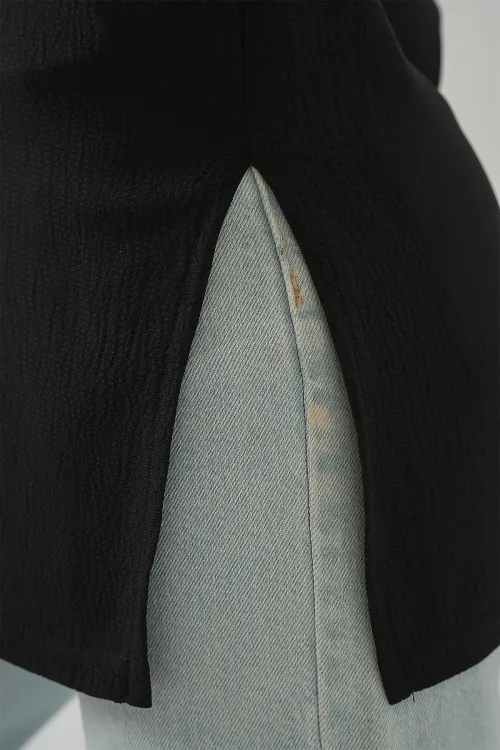 4332 Yanı Yırtmaçlı Örme Tişört - Siyah