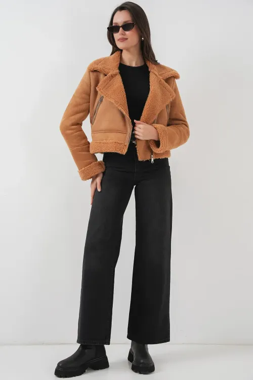 5155 Kruvaze Yaka Suni Kürklü Deri Mont - A.Kahve