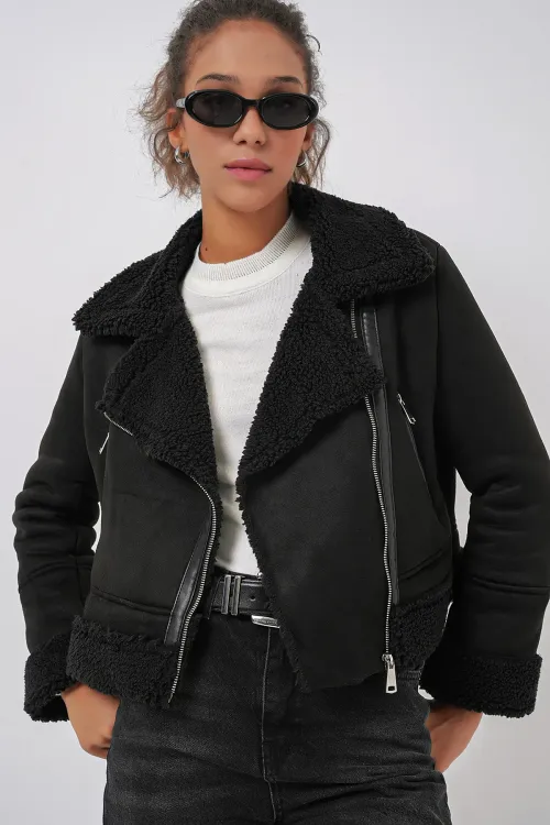 5155 Kruvaze Yaka Suni Kürklü Deri Mont - Siyah