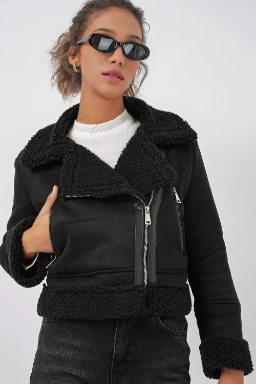 5155 Kruvaze Yaka Suni Kürklü Deri Mont - Siyah