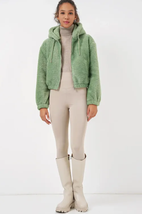 5193 Kapüşonlu Peluş Crop Ceket - E.Yeşil