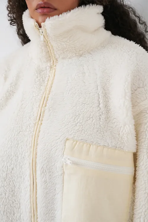 55446 Fermuarlı Oversize Peluş Mont - Bej