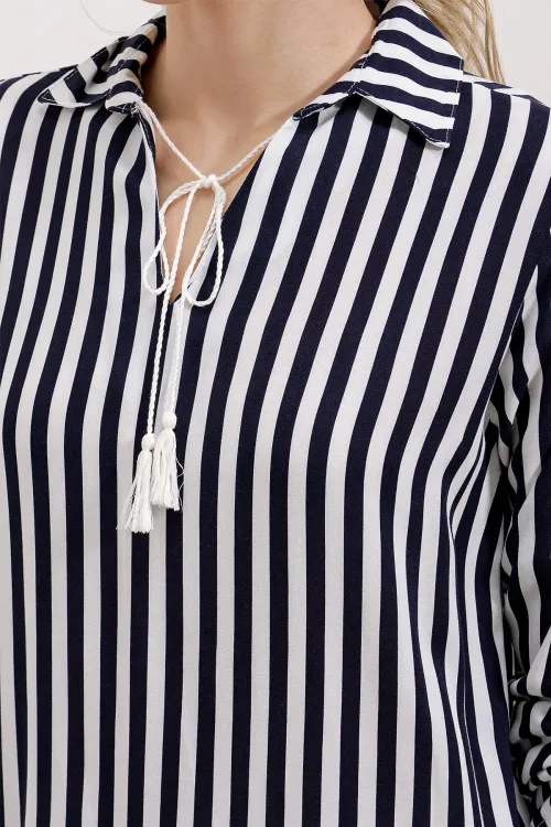 5613 Yaka Bağcıklı Çizgili Tunik - Lacivert