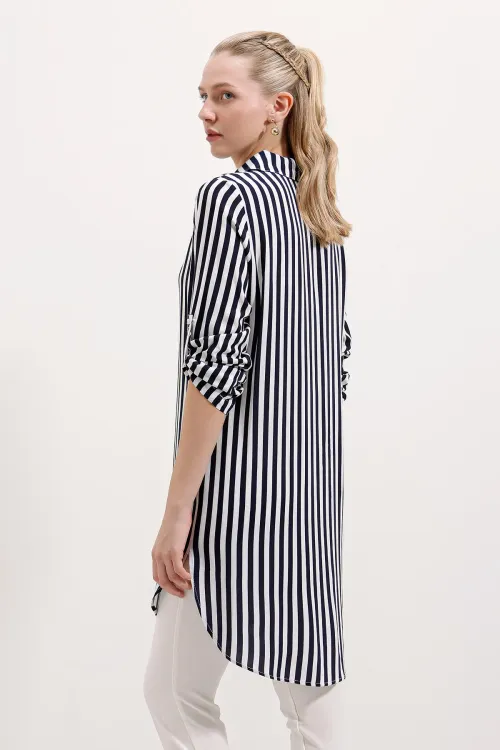 5613 Yaka Bağcıklı Çizgili Tunik - Lacivert