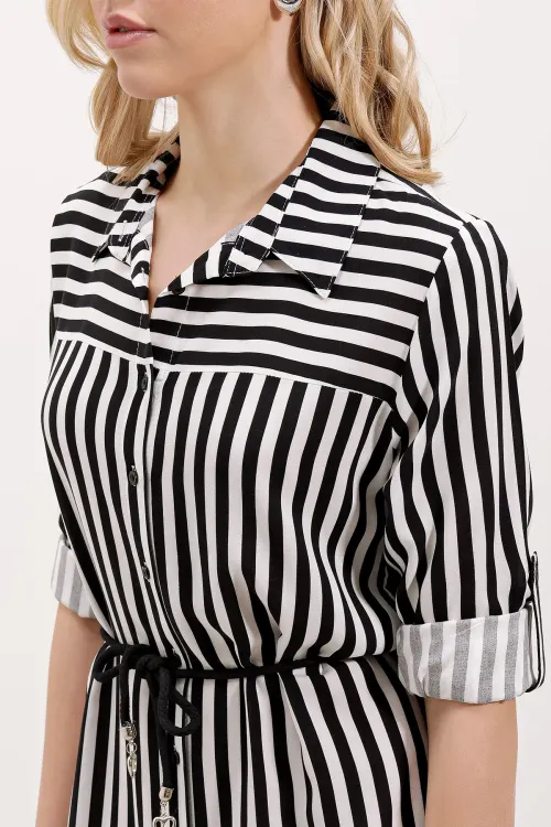 5629 Çizgili Kemerli Elbise - Siyah