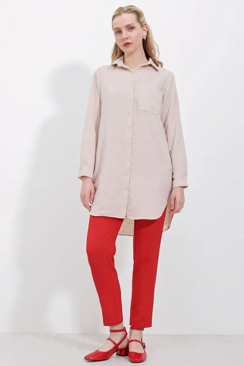 5880 Tek Cepli Gömlek Tunik - Krem