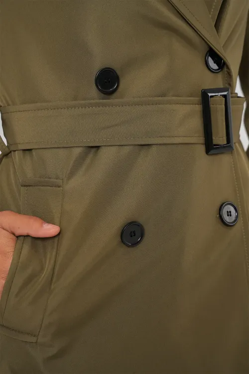 5941 Kruvaze Yaka Uzun Trençkot - Haki