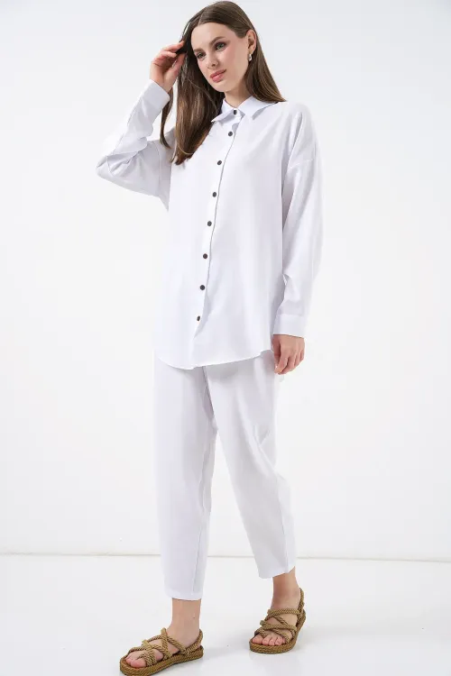 6622 Keten İkili Takım - Beyaz