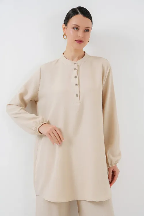 6678 Keten Tunik Pantolon İkili Takım - Krem