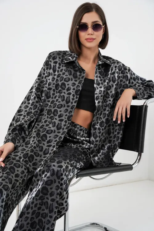 6699 Leopar Desenli Alt Üst Takım - Siyah