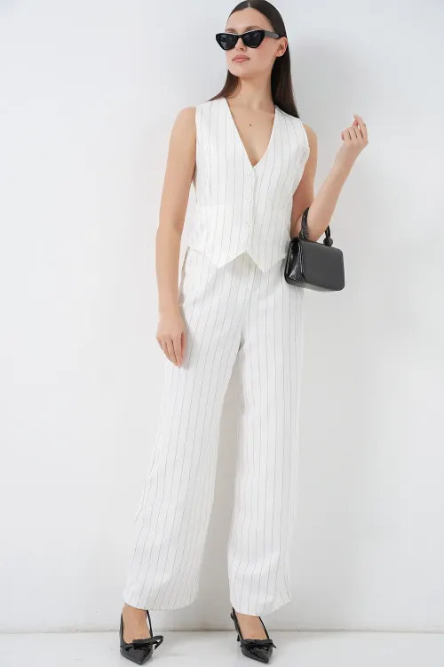 6709 Kadın Yelek Pantolon İkili Takım - B.Beyaz