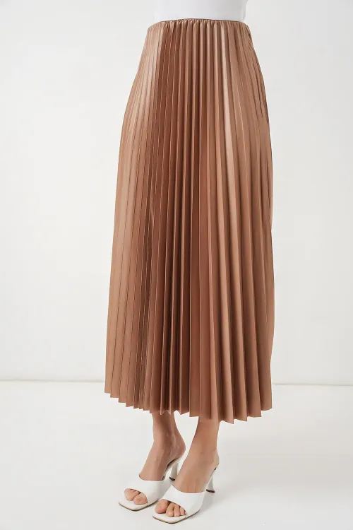 8009 Deri Görünümlü Piliseli Etek - Camel