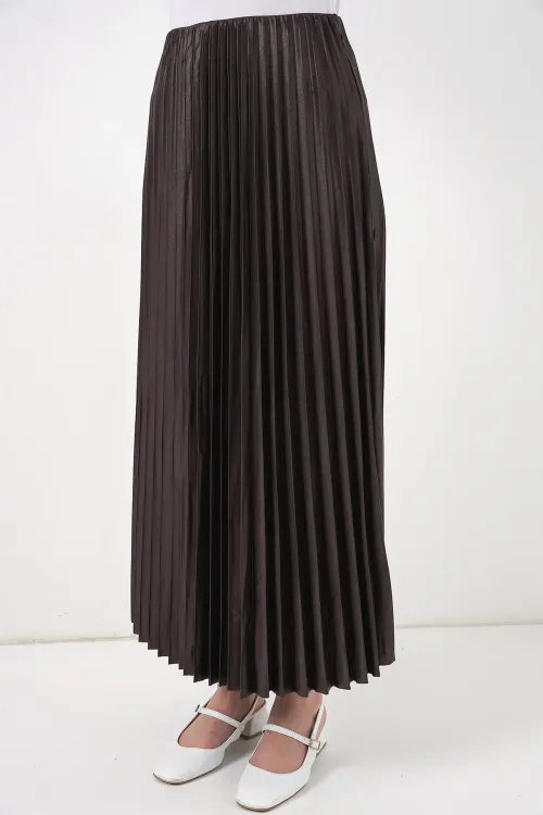 8009 Deri Görünümlü Piliseli Etek - Kahverengi