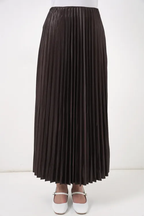 8009 Deri Görünümlü Piliseli Etek - Kahverengi