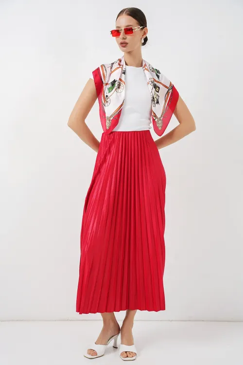 8009 Deri Görünümlü Piliseli Etek - Kırmızı