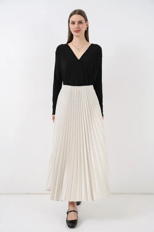 8009 Deri Görünümlü Piliseli Etek - Krem