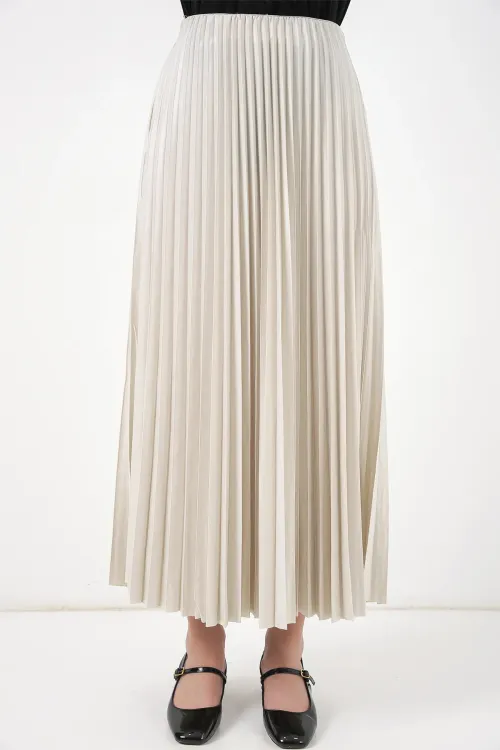 8009 Deri Görünümlü Piliseli Etek - Krem