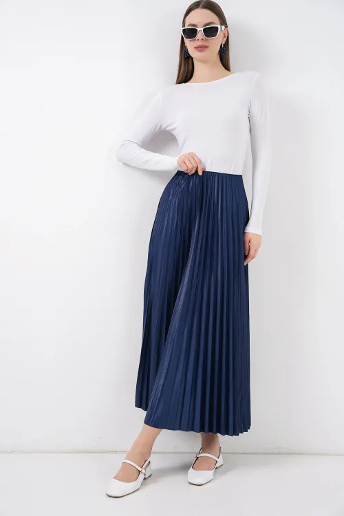 8009 Deri Görünümlü Piliseli Etek - Lacivert