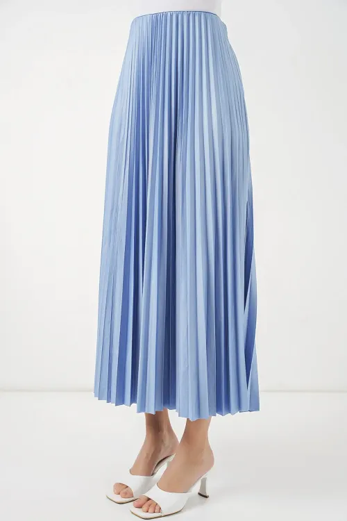 8009 Deri Görünümlü Piliseli Etek - Mavi