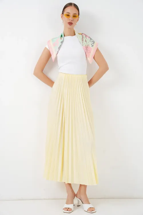 8009 Deri Görünümlü Piliseli Etek - Sarı