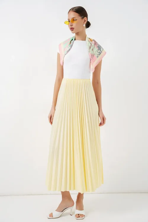 8009 Deri Görünümlü Piliseli Etek - Sarı