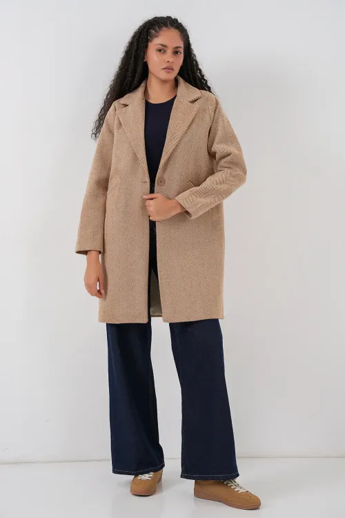 9085 Balık Sırtı Kaşe Kaban - Camel