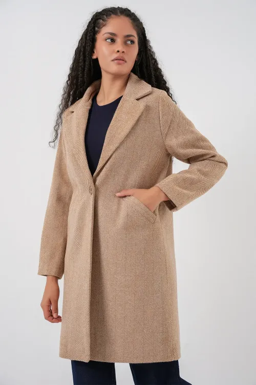 9085 Balık Sırtı Kaşe Kaban - Camel