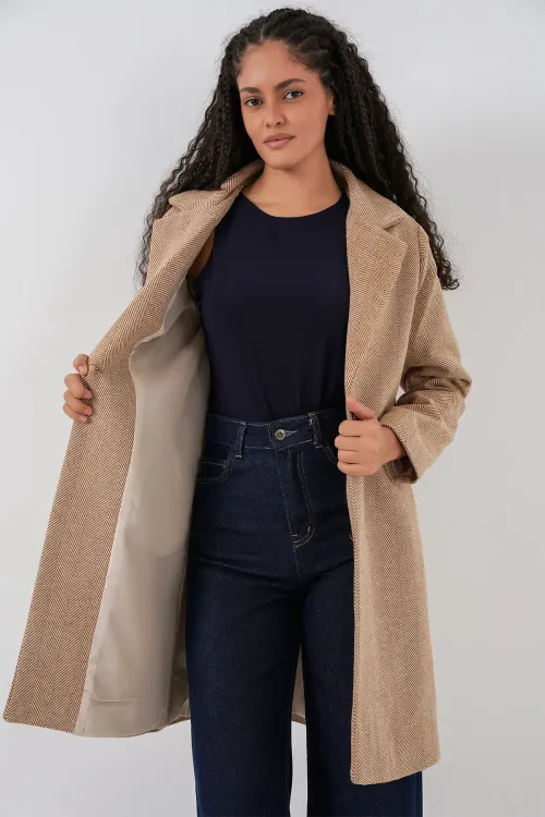 9085 Balık Sırtı Kaşe Kaban - Camel