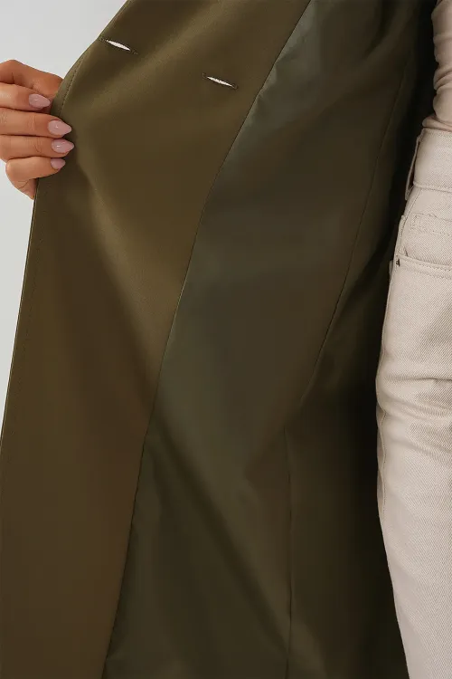 9104 Kruvaze Yaka Astarlı Trençkot - Haki