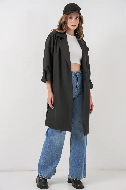 9104 Kruvaze Yaka Astarlı Trençkot - Siyah