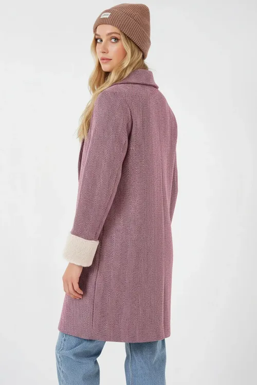 9145 Kadın Kolları Tüylü Balık Sırtı Kaşe Kaban - Bordo