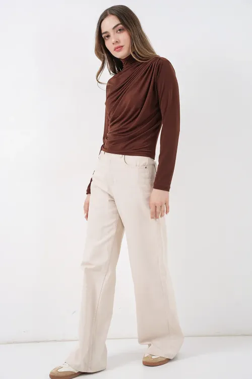 925 Büzgü Detaylı Sandy Bluz - A.Kahve