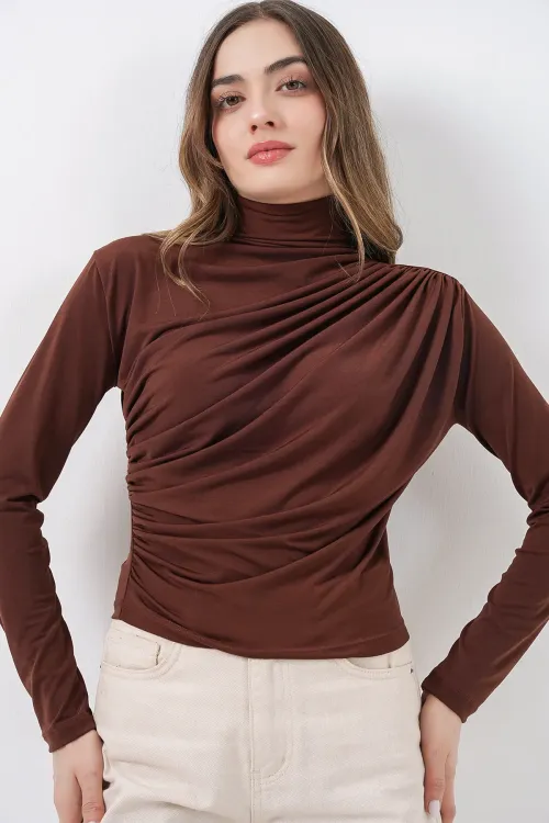 925 Büzgü Detaylı Sandy Bluz - A.Kahve