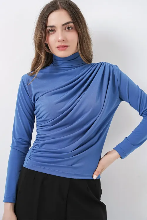 925 Büzgü Detaylı Sandy Bluz - İndigo