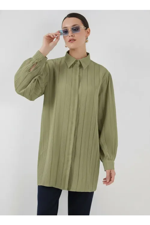 Çizgili Uzun Gömlek Tunik 5947 - Çağla