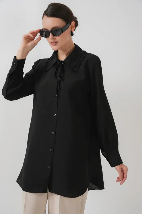 Fırfırlı Uzun Gömlek Tunik 5952 - Siyah