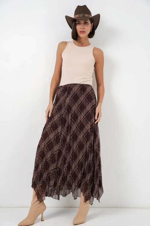 Kadın Asimetrik Kesim Şifon Etek 8056 - Kahverengi