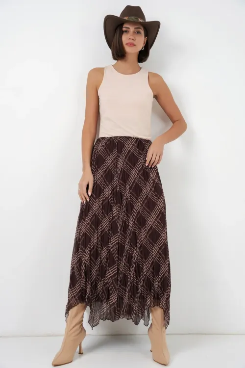 Kadın Asimetrik Kesim Şifon Etek 8056 - Kahverengi