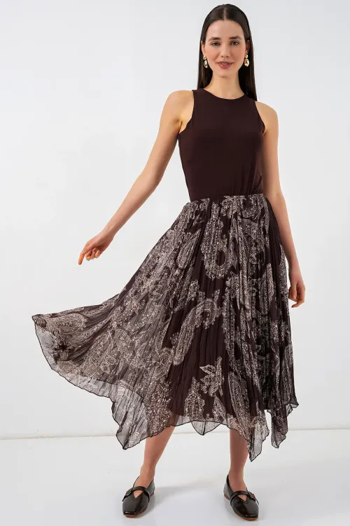 Kadın Asimetrik Tül Şifon Etek 8061 - Kahverengi