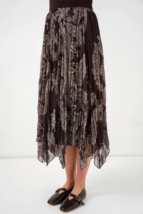 Kadın Asimetrik Tül Şifon Etek 8061 - Kahverengi