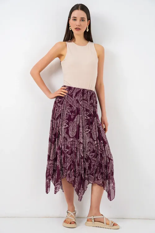 Kadın Asimetrik Tül Şifon Etek 8061 - Mürdüm