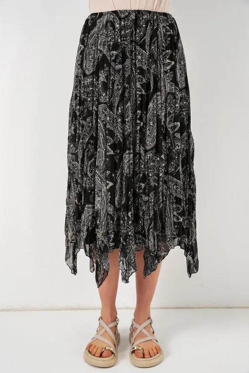 Kadın Asimetrik Tül Şifon Etek 8061 - Siyah