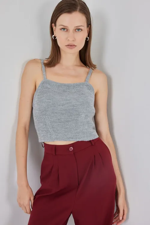 Kadın Askılı Crop Top Bluz 15934 - Gri