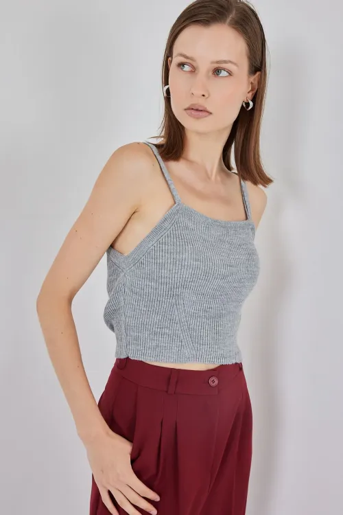 Kadın Askılı Crop Top Bluz 15934 - Gri